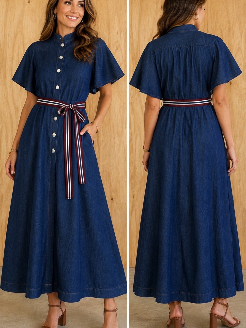 Linea Moda Italy Denim Maxi Dress M Blue Button Front Belted Flutter Sleeve